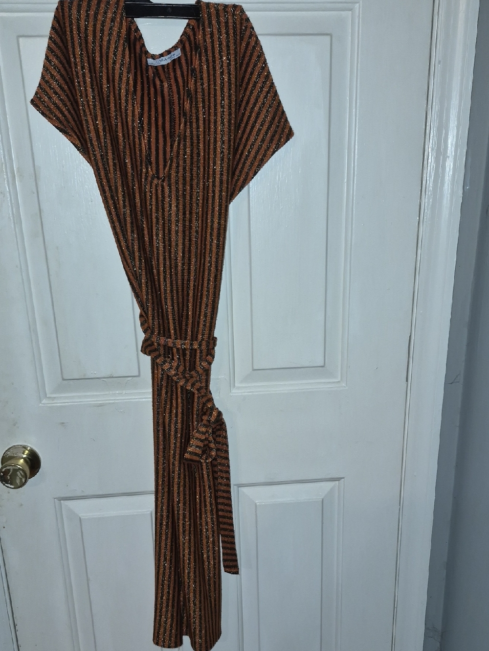 Zara Rust and Black Metallic Stripe Short Sleeve Belted Midi Dress Size S